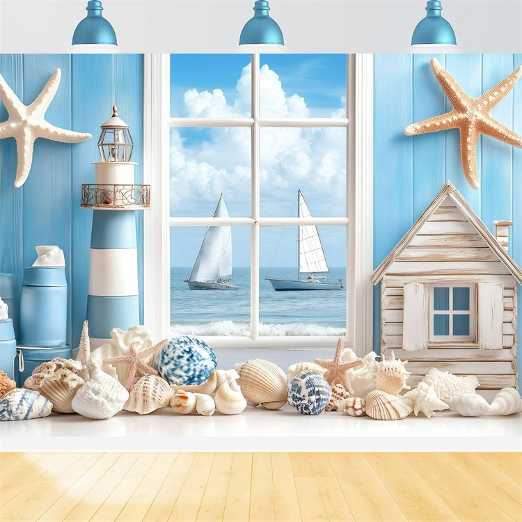 Toile de fond de Plage Été Fenêtre Côtière Voilier GQ4-279