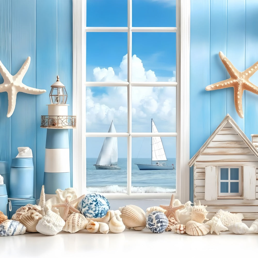 Toile de fond de Plage Été Fenêtre Côtière Voilier GQ4-279