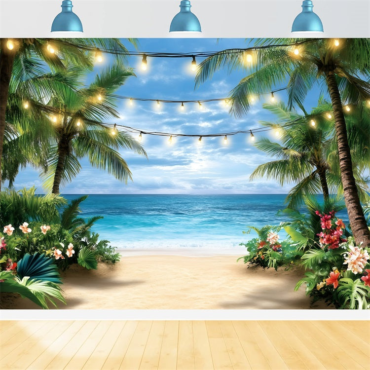 Toile de fond de Plage Été Lumières Guirlandes Tropicales GQ4-287