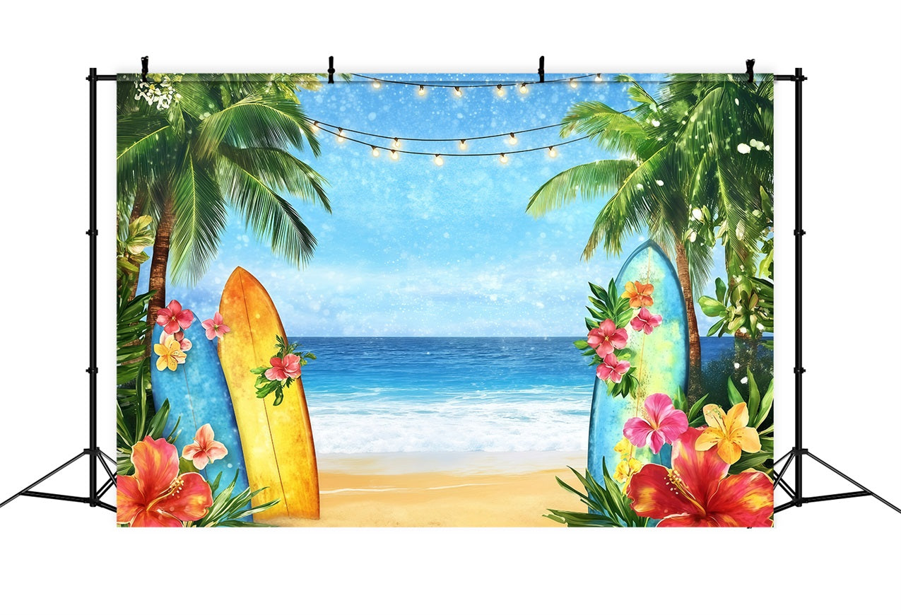 Toile de fond de Plage Été Planches Surf Plage Lumières Florales GQ4-294