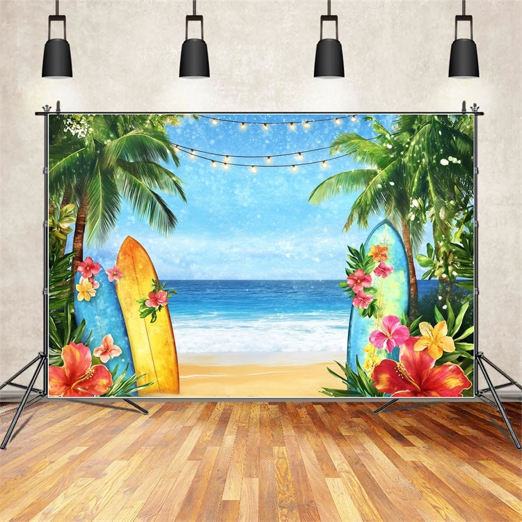 Toile de fond de Plage Été Planches Surf Plage Lumières Florales GQ4-294
