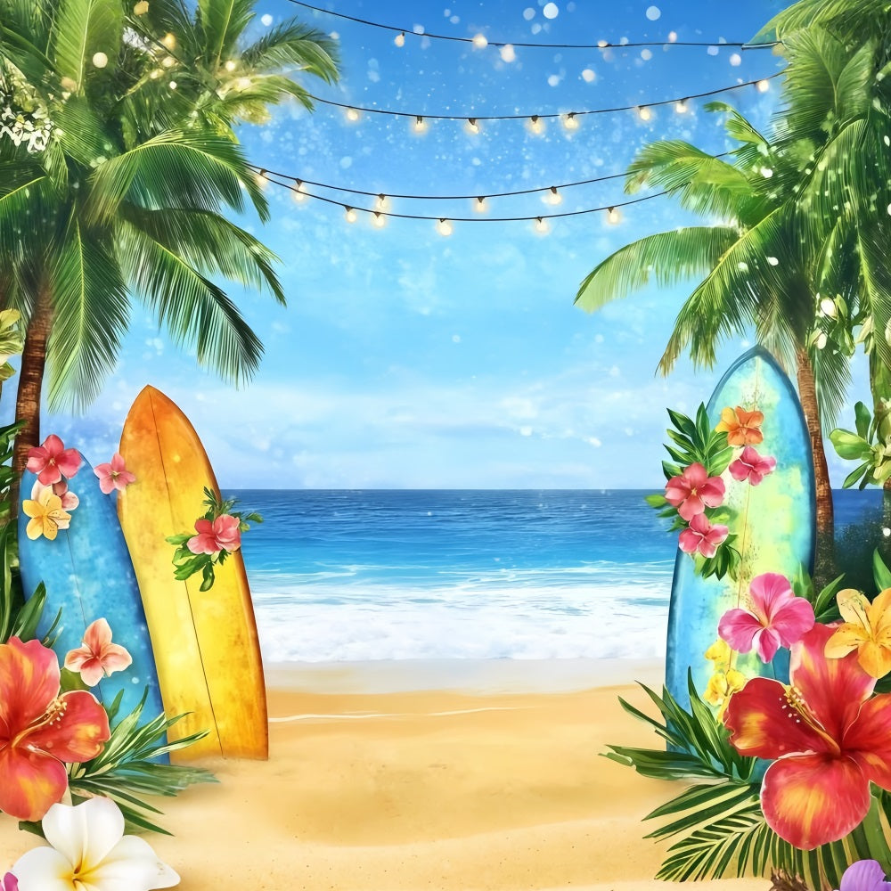 Toile de fond de Plage Été Planches Surf Plage Lumières Florales GQ4-294