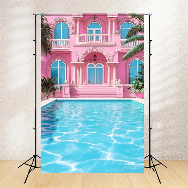 Toile de fond Été Maison Rose Piscine Tropicale GQ4-296