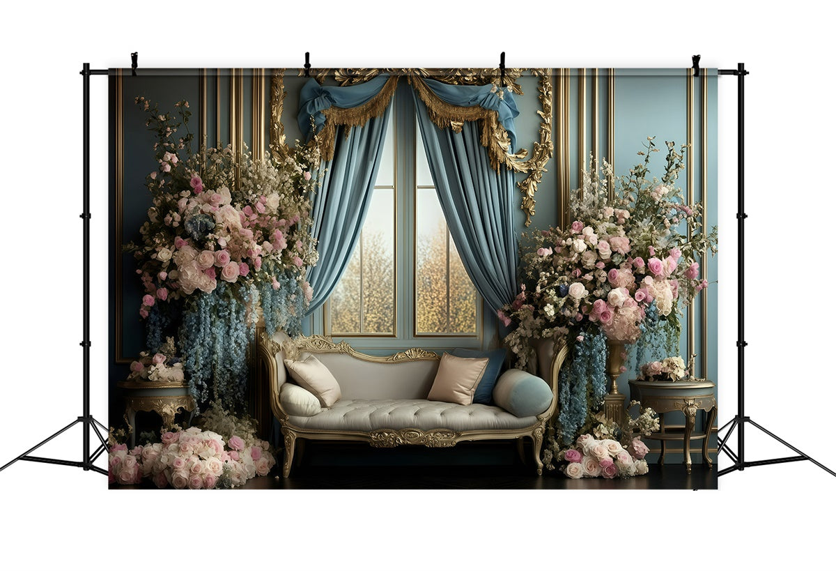 Toile de fond Retro Mur Rideau Bleu Royal Floral Photo Vintage GQ4-317