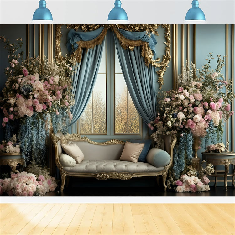 Toile de fond Retro Mur Rideau Bleu Royal Floral Photo Vintage GQ4-317