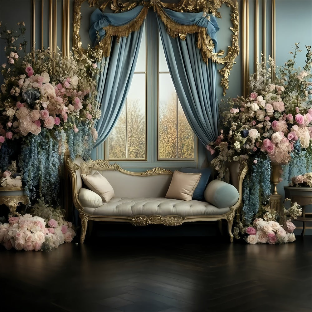 Toile de fond Retro Mur Rideau Bleu Royal Floral Photo Vintage GQ4-317