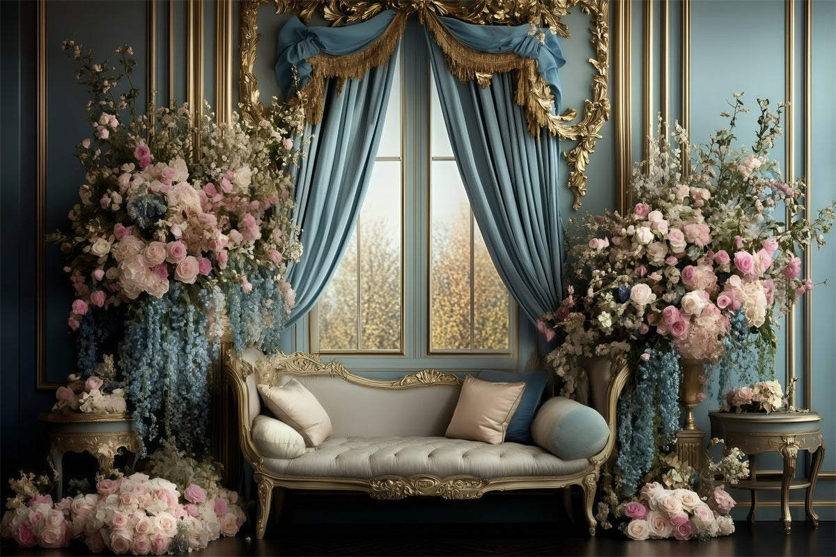 Toile de fond Retro Mur Rideau Bleu Royal Floral Photo Vintage GQ4-317