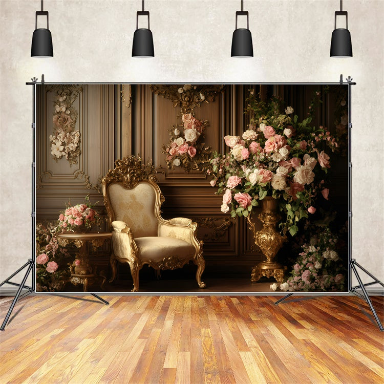 Toile de fond Antique Photo Chaise Dorée Mur Floral Vintage GQ4-332