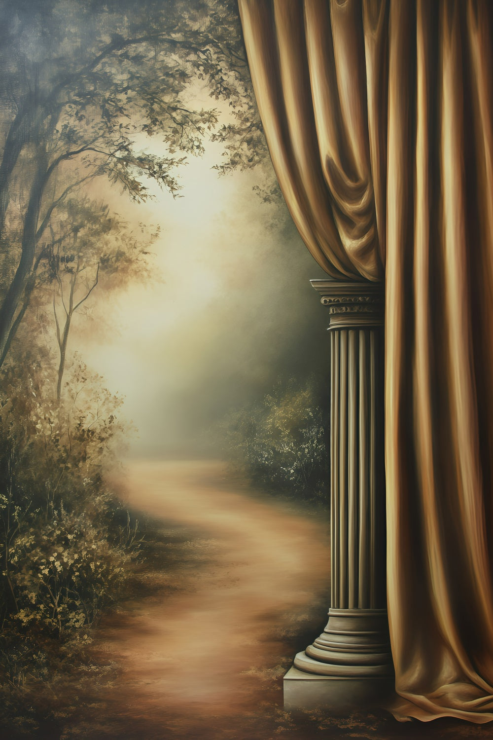 Toile de fond Photo Vintage Pour Photoshoot Colonnes Dorées Forêt Brumeuse GQ4-338