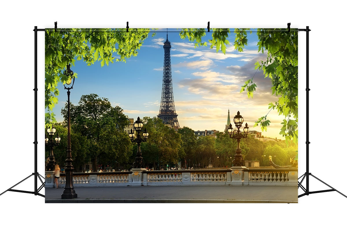 Toile de fond Tour Eiffel Paris Ciel Bleu Feuilles Vertes GQ4-35
