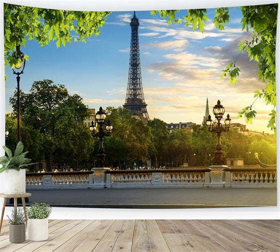 Toile de fond Tour Eiffel Paris Ciel Bleu Feuilles Vertes GQ4-35