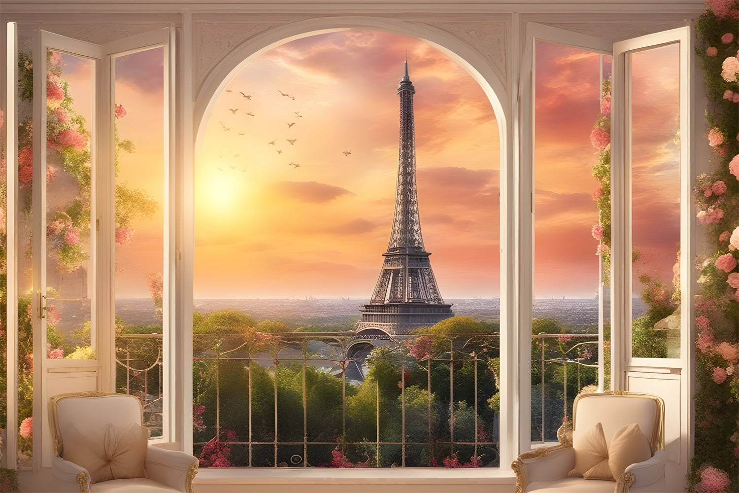 Toile de fond Panorama Parisien Fauteuil Douillet Balcon Coucher Soleil GQ4-39