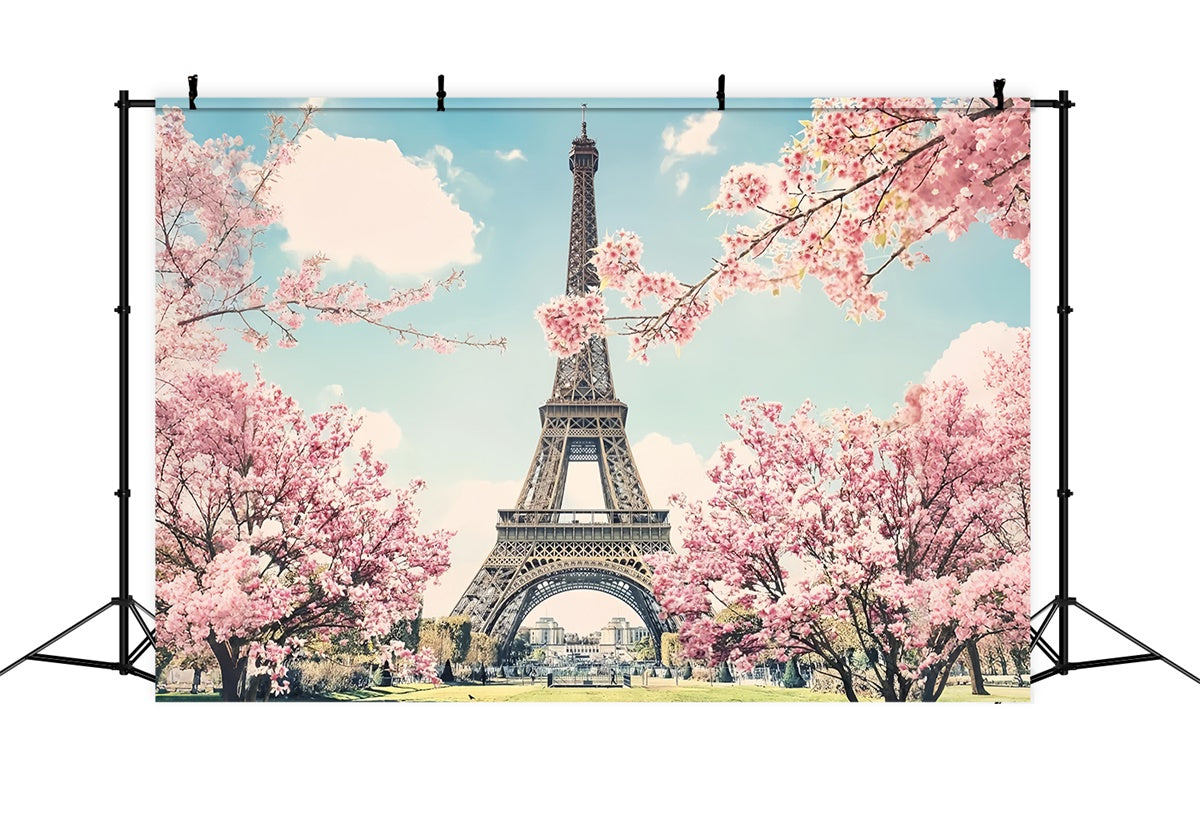 Toile de fond Tour Eiffel Paris Cerisiers Romantiques en Fleurs GQ4-55