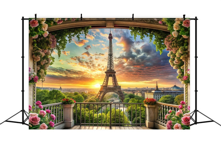 Toile de fond Tour Eiffel Paris Balcon Fleuri Vue Coucher Soleil GQ4-60