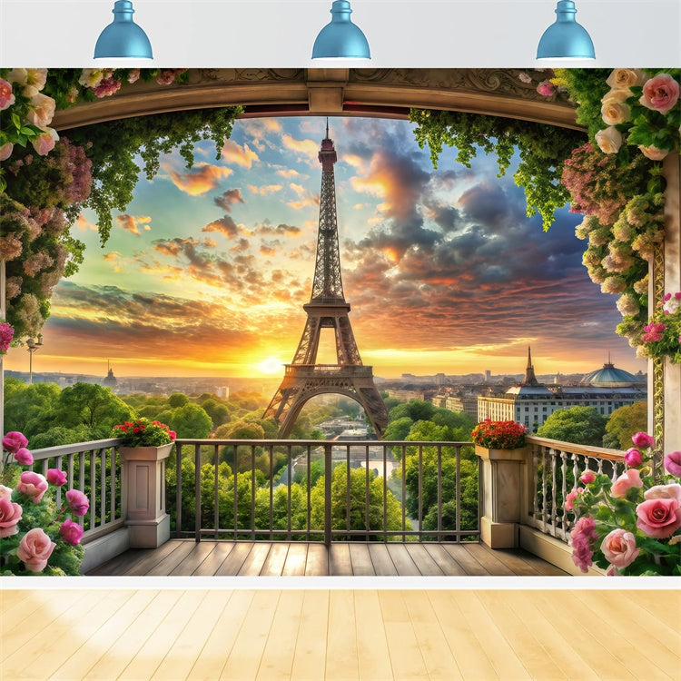 Toile de fond Tour Eiffel Paris Balcon Fleuri Vue Coucher Soleil GQ4-60