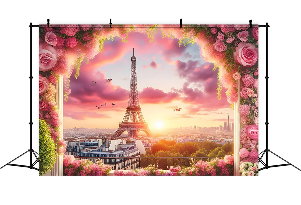 Toile de fond Tour Eiffel Paris Ciel Rose Cadre Fleuri GQ4-61