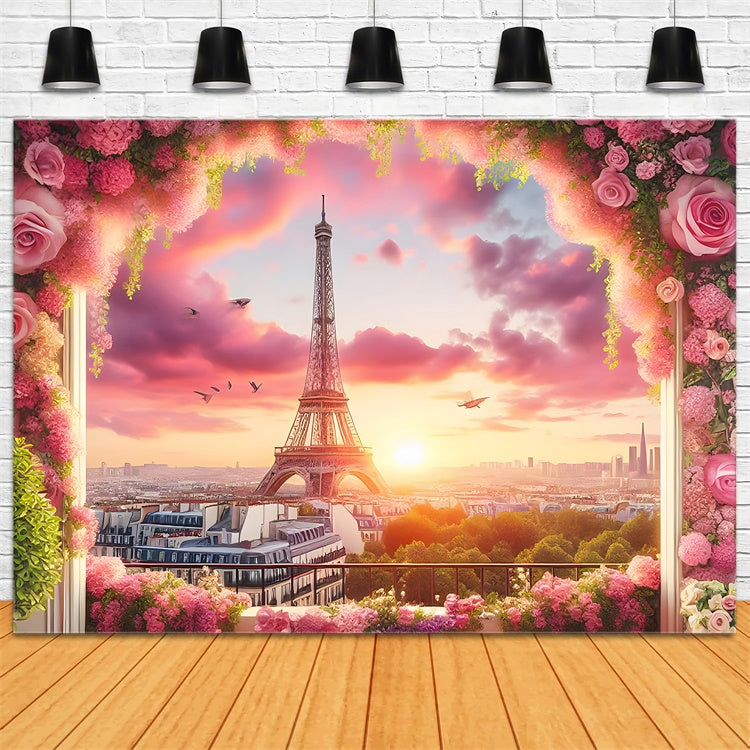 Toile de fond Tour Eiffel Paris Ciel Rose Cadre Fleuri GQ4-61