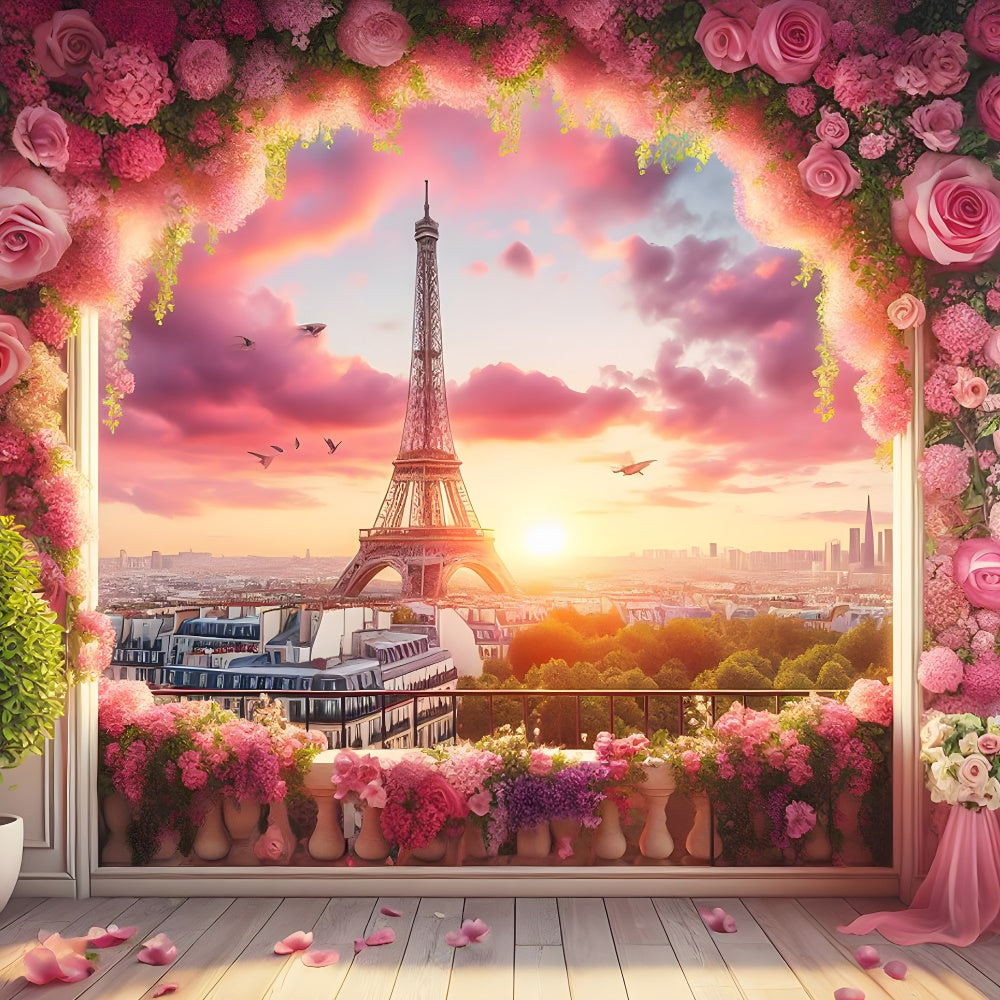 Toile de fond Tour Eiffel Paris Ciel Rose Cadre Fleuri GQ4-61