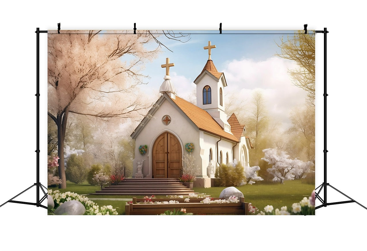 Toile de fond Église Architecture Jardin Printanier Tours Jumelles GQ4-71