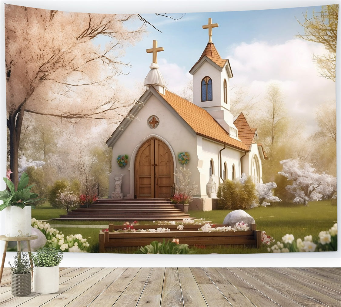 Toile de fond Église Architecture Jardin Printanier Tours Jumelles GQ4-71