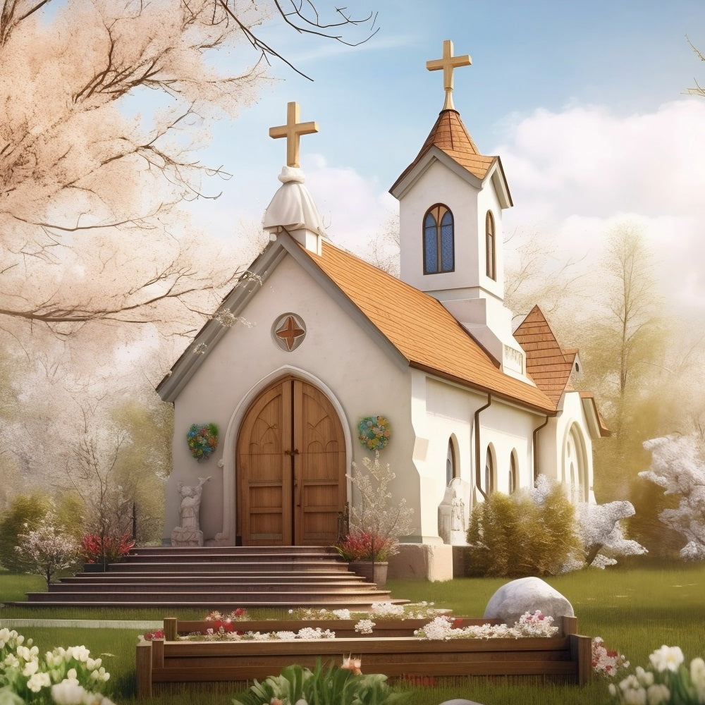 Toile de fond Église Architecture Jardin Printanier Tours Jumelles GQ4-71