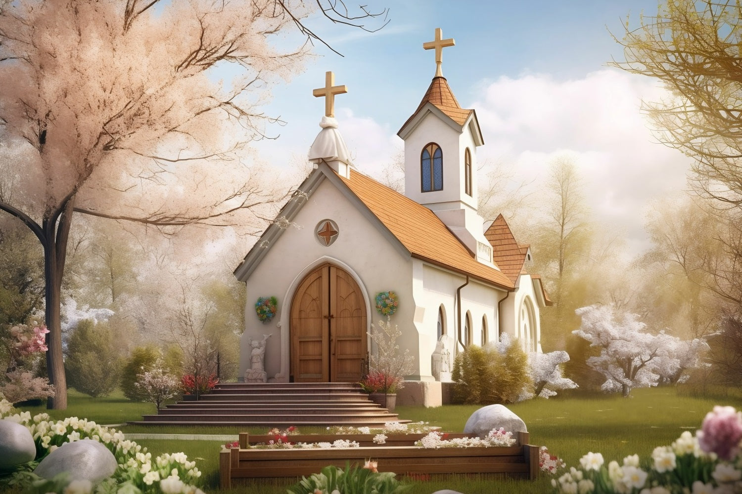 Toile de fond Église Architecture Jardin Printanier Tours Jumelles GQ4-71