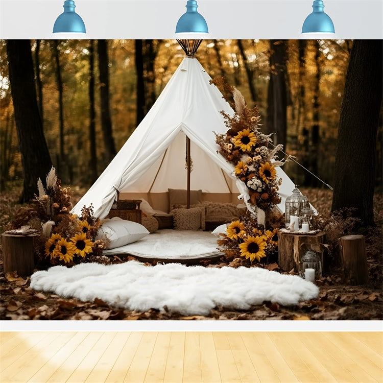 Toile de fond Photo Automne Forêt Tente Forêtière Tournesols GQ5-103
