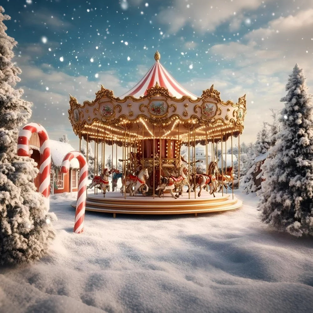 Toile de fond Carnaval Carrousel Hivernal Neige Noël GQ5-114