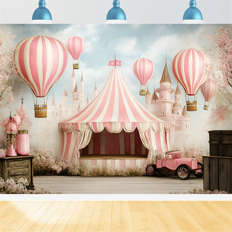 Toile de fond Chapiteau Carnaval Château Rose Ballons Féeriques GQ5-115