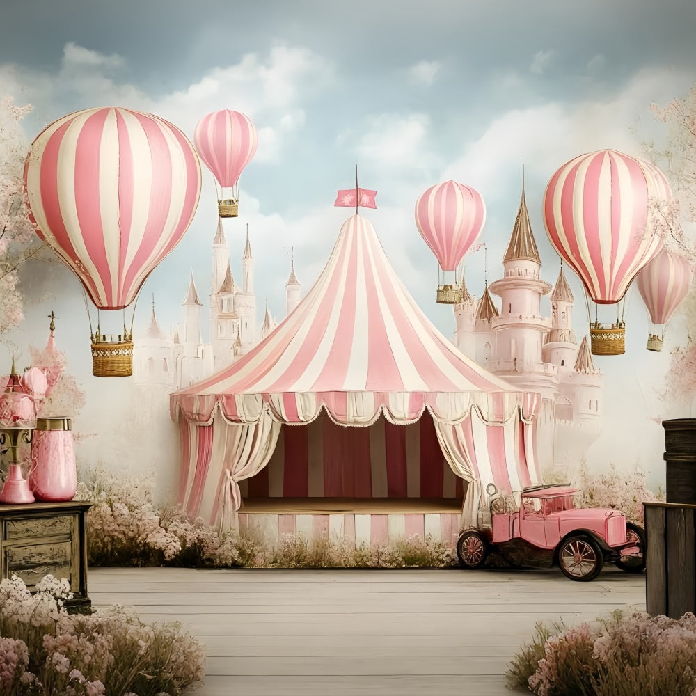 Toile de fond Chapiteau Carnaval Château Rose Ballons Féeriques GQ5-115
