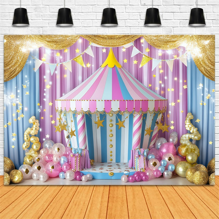 Toile de fond Cirque Tente Rayée Ballons Dorés GQ5-121