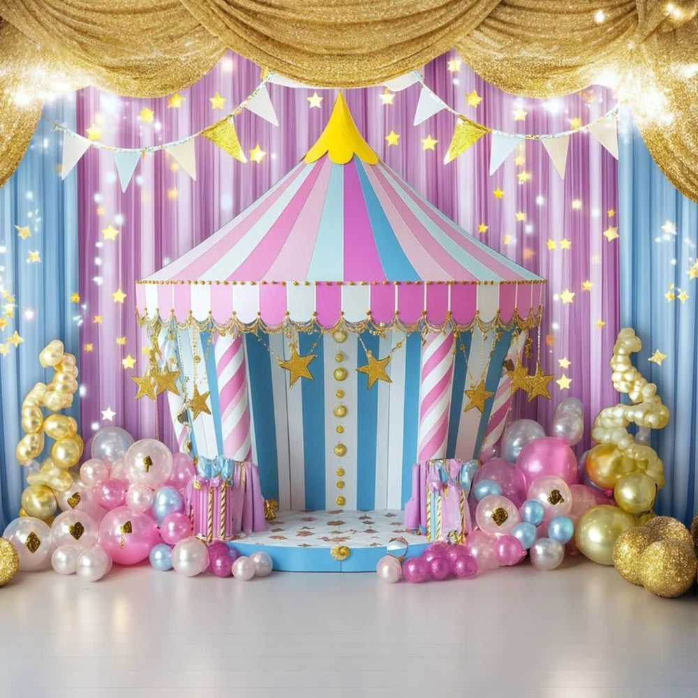 Toile de fond Cirque Tente Rayée Ballons Dorés GQ5-121