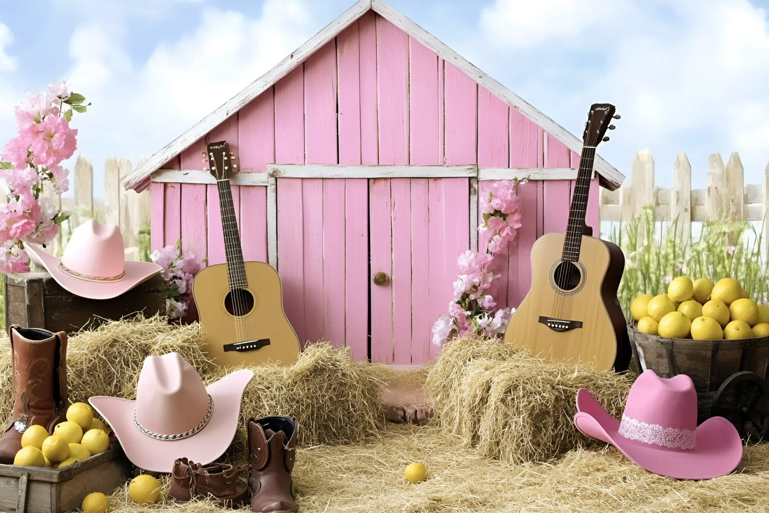 Toile de fond Cowgirl Grange Rose Guitare Western Enfants GQ5-180