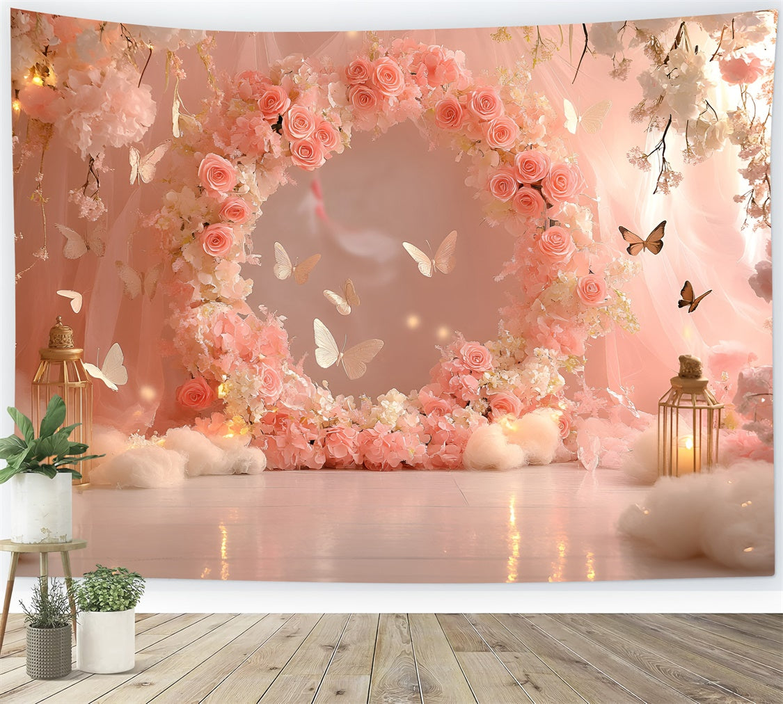 Toile de fond Papillons Anneau Rose Conte de Fées Nouveau-né GQ5-188