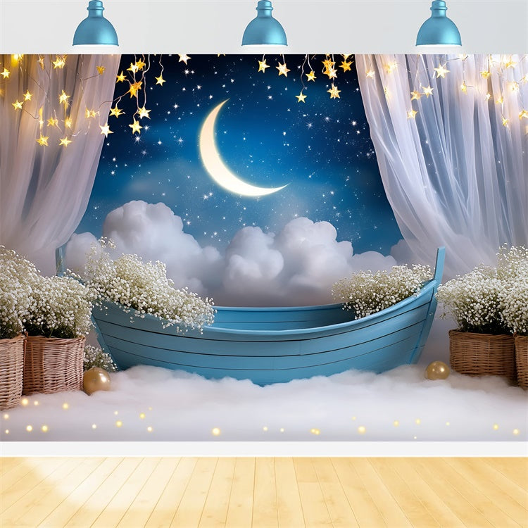 Toile de fond Lune Étoiles Ciel Étoilé Fleurs Enfants GQ5-196