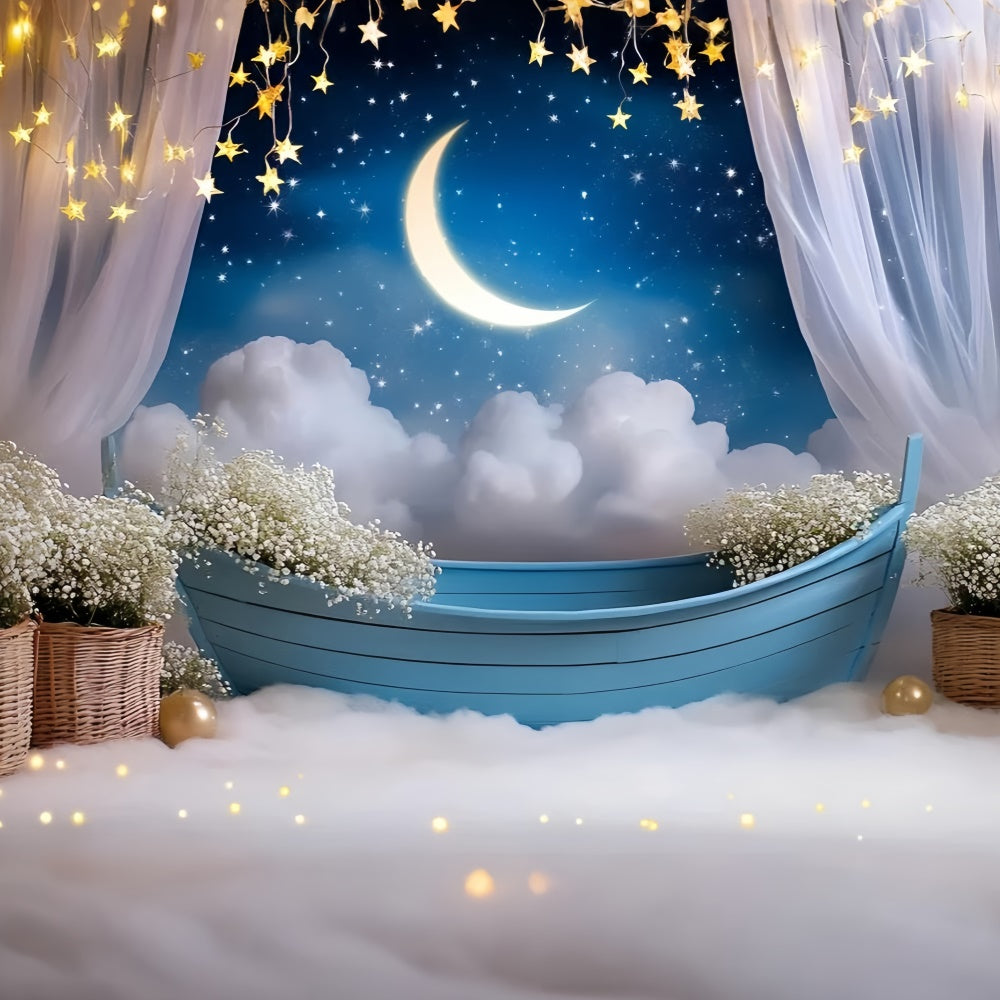 Toile de fond Lune Étoiles Ciel Étoilé Fleurs Enfants GQ5-196