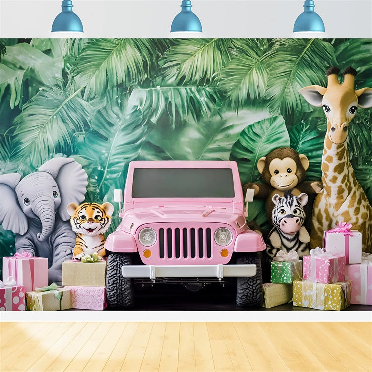 Toile de fond Enfants Safari Forêt Jeep Rose GQ5-206