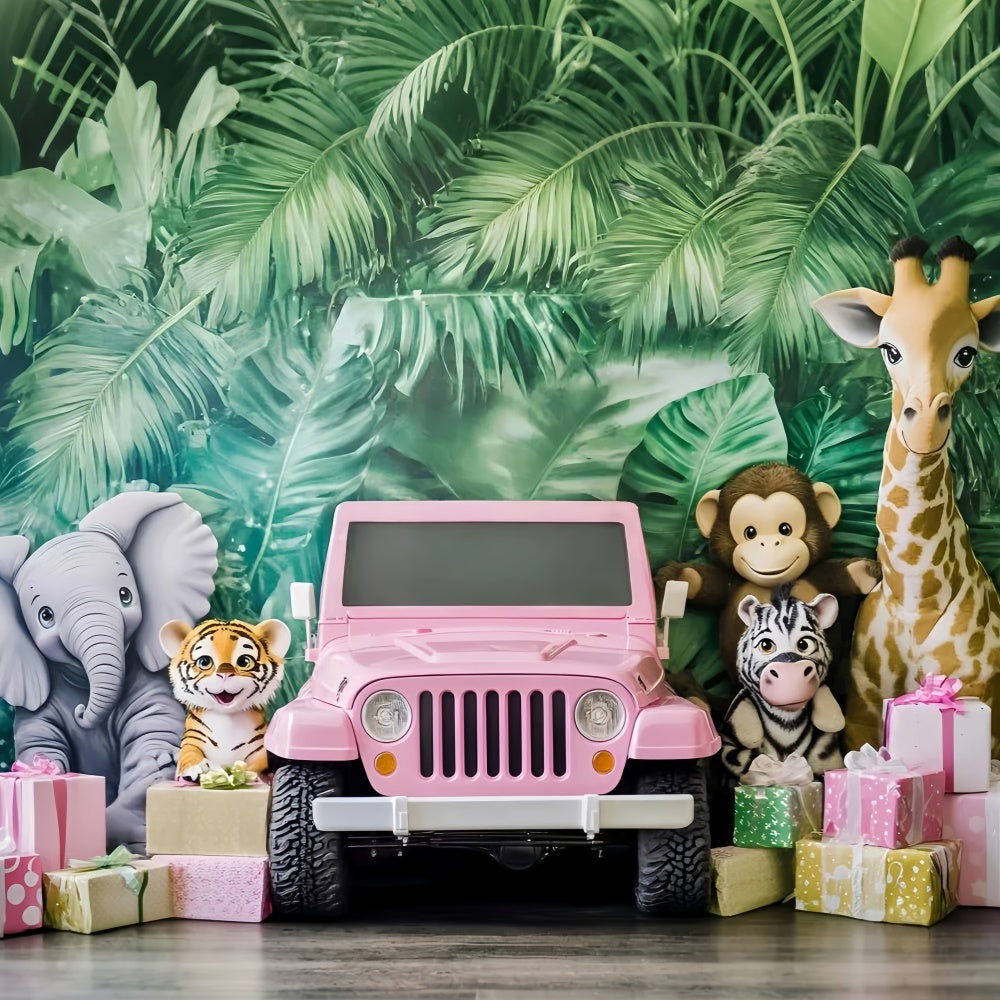 Toile de fond Enfants Safari Forêt Jeep Rose GQ5-206