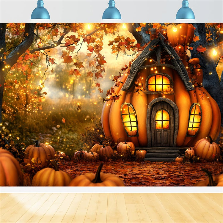 Toile de fond Photo Automne Forêt Cottage Enchanté Citrouille GQ5-82