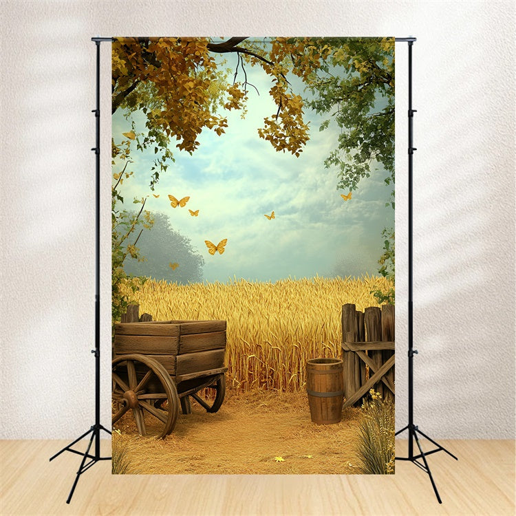 Toile de fond Automne Champ de Blé Doré Papillons GQ5-86