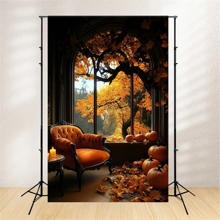 Toile de fond Automne Pièce Confortable Citrouilles Fenêtre GQ5-87