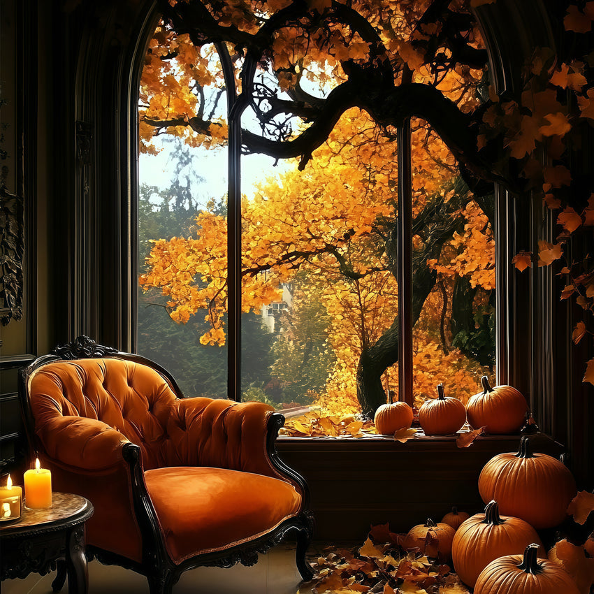 Toile de fond Automne Pièce Confortable Citrouilles Fenêtre GQ5-87