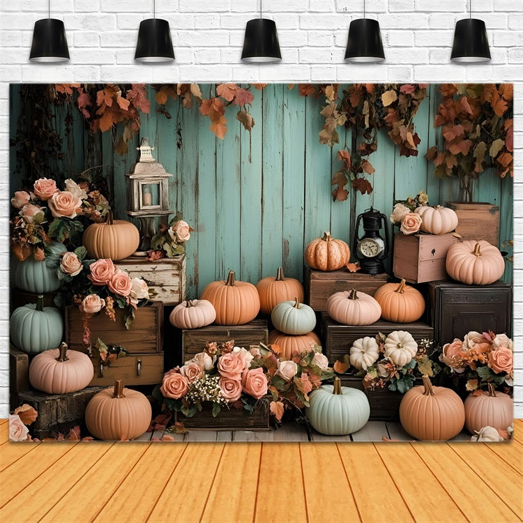 Toile de fond Automne Mur en Bois Menthe Citrouilles GQ5-89