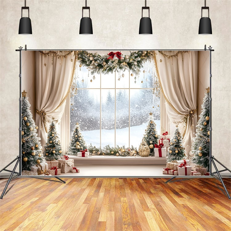 Toile de fond Noël Fenêtre Forêt Festive GQ57-11