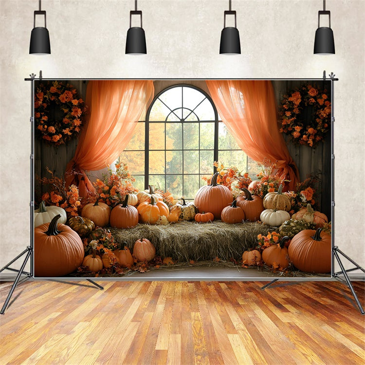 Toile de fond Photo Automne Fenêtre Récolte Citrouille GQ57-110