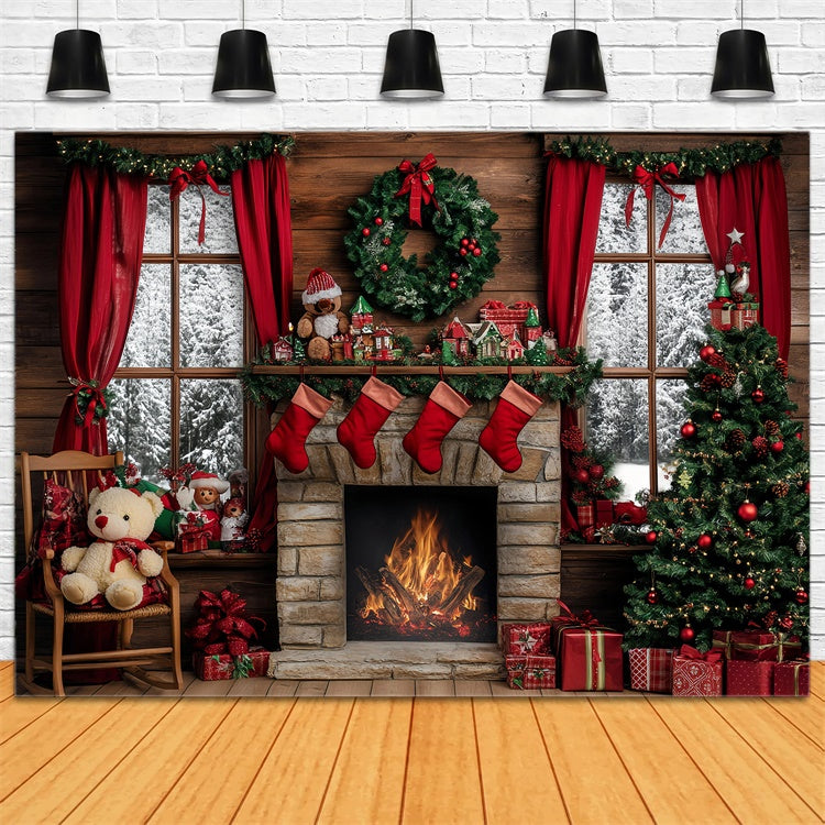 Toile de fond de Noël Foyer Rustique et Sapin GQ57-13