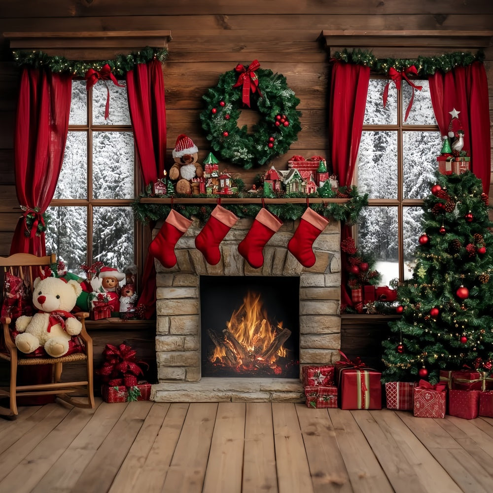 Toile de fond de Noël Foyer Rustique et Sapin GQ57-13