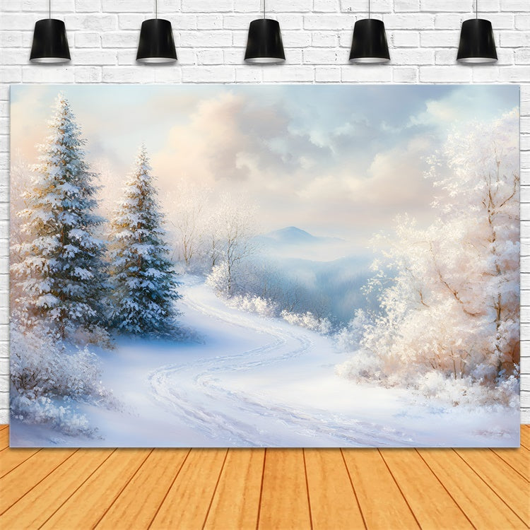 Toile de fond Hiver Vallée de Pins Givrés Sentier GQ57-138