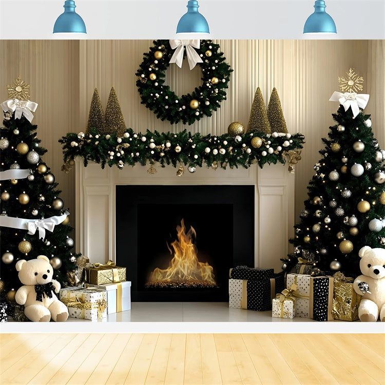 Toile de fond de Noël Cheminée Élégante Or de Noël GQ57-4