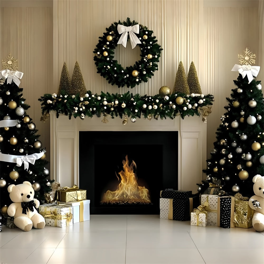 Toile de fond de Noël Cheminée Élégante Or de Noël GQ57-4